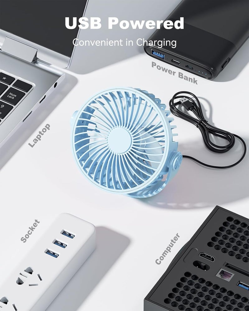 Edvision USB Desk Fan, 5 Inch Mini Portable, 3 Speeds Strong Airflow Personal Desktop, Detachable Cooling Fan 360° Rotation Quiet Small Fan for Desk Home Office Travel Car, Blue, 5ft Cable - Image 4
